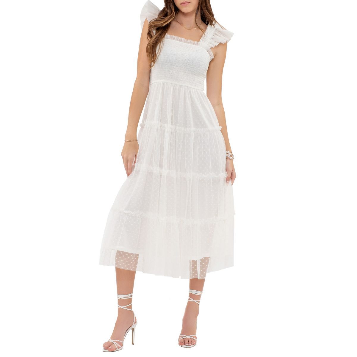 August Sky Women's Polka Dot Mesh Tiered Midi Dress | Target