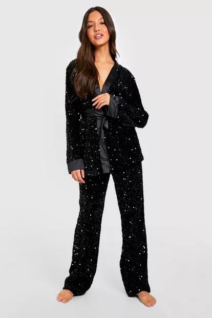 Premium Sequin Wrap Pajama Pants Set | Boohoo.com (US & CA)