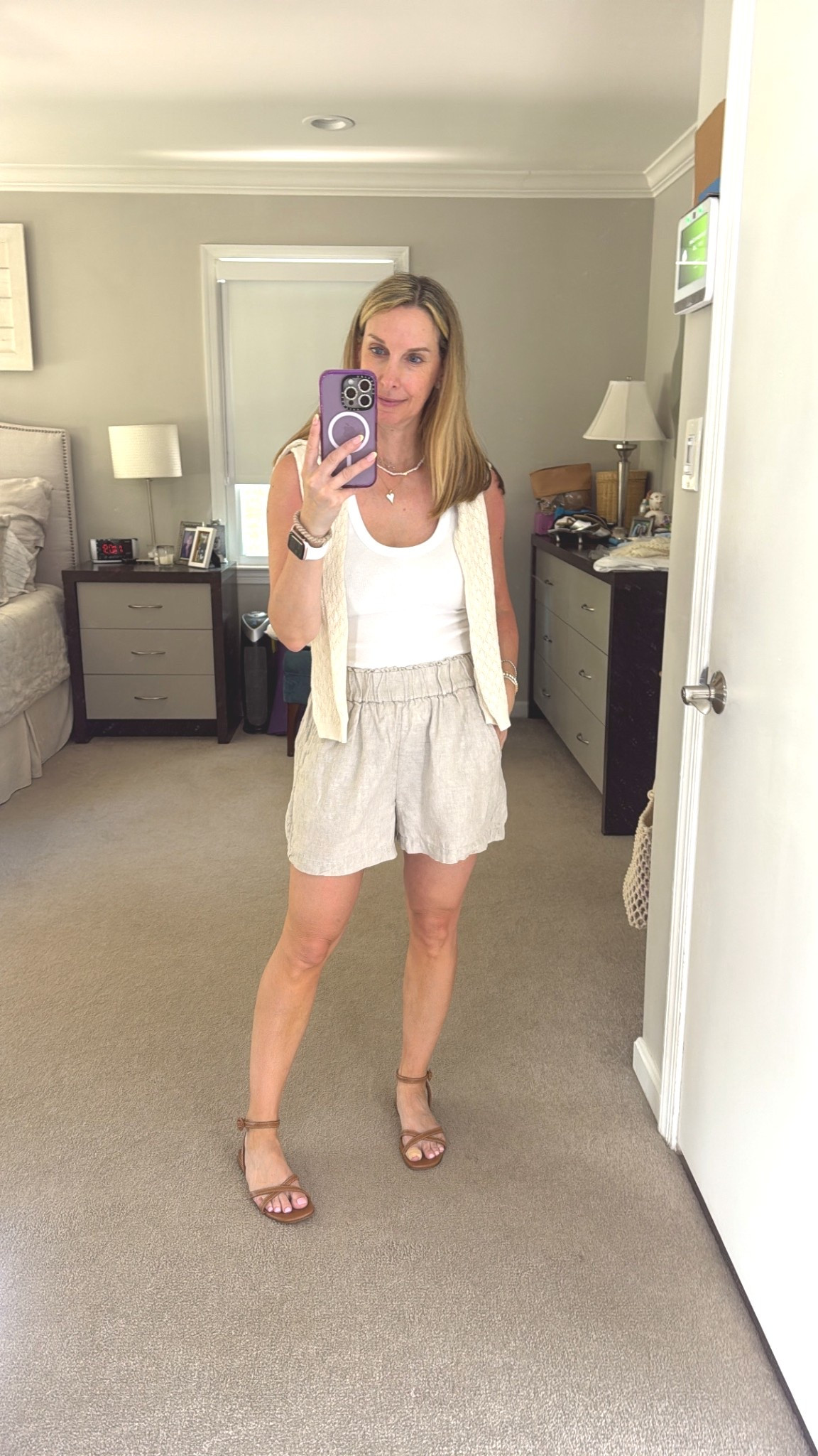 Simple Sumer outfit:
White tank (swap for linen or loose cotton)
linen shorts
Pointelle cardigan (or swap for crochet)
Margaux sandal (swap for lace up sandal)
Add straw bag 
Done!

#LTKStyleTip #LTKOver40 #LTKSeasonal