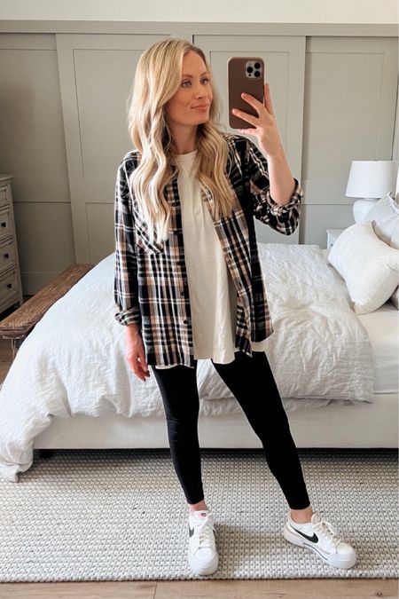 Casual cozy outfit inspo! 
•Flannel: $12!!! - size small; this color is out of stock but I linked to similar! 
•Tee (50% off!): don’t size up!  - size small and it’s perfectly oversized. 
•Leggings: my favorite lulu - size 2
•Shoes: actually a lot of sizes in stock and on sale!! - TTS

#winteroutfit #nike #walmart #oldnavy #athleisure 

#LTKsalealert #LTKSeasonal #LTKCyberWeek