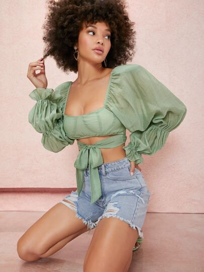 SHEIN Tiered Ruffled Balloon Sleeve Self-Tie Crop Top | SHEIN