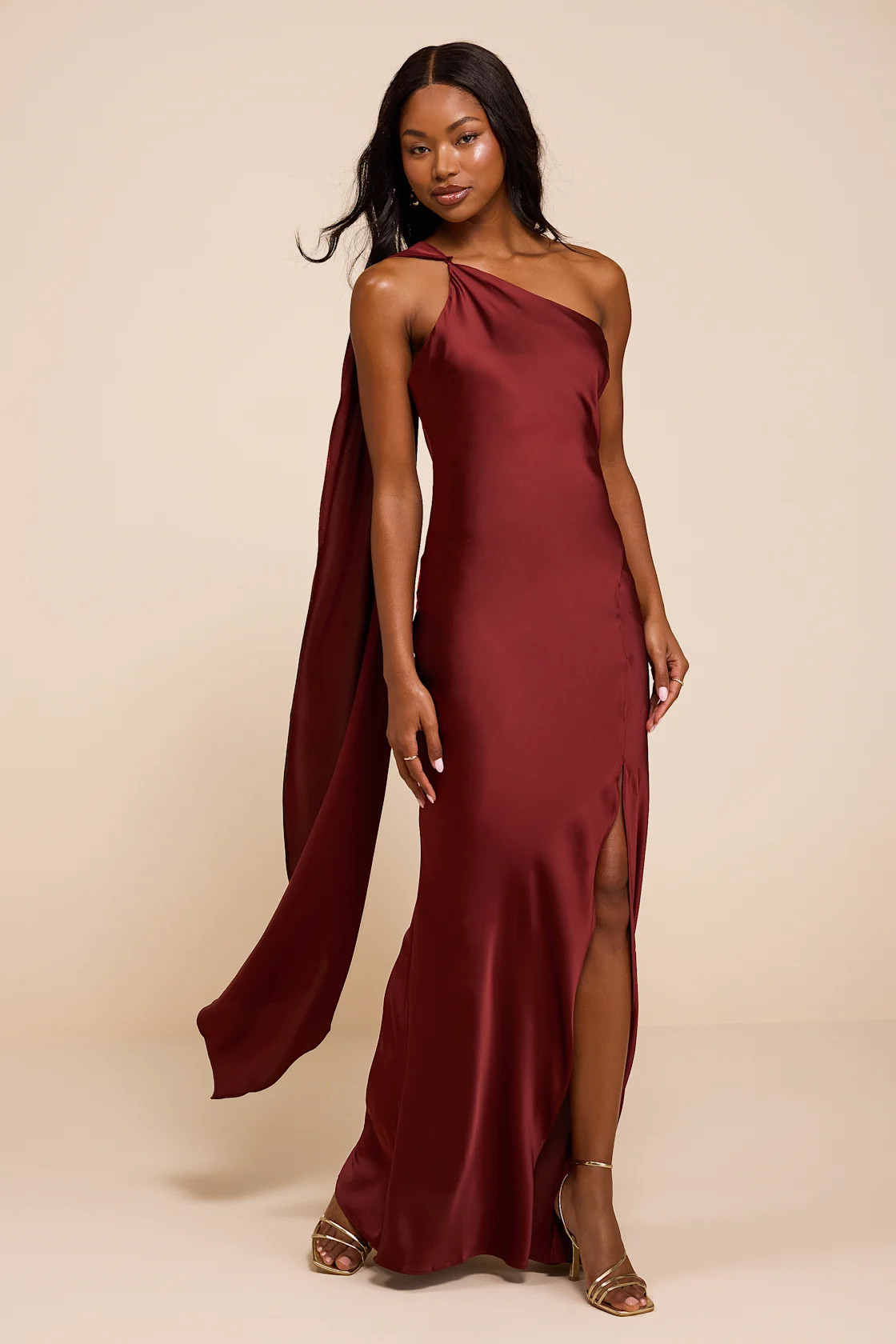 Amisha Rust Red Satin One-Shoulder Sash Maxi Dress | Lulus