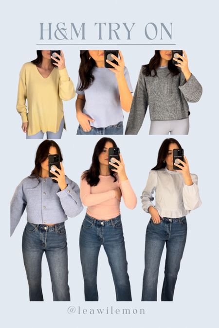 Knit sweater: M ; Yellow sweater: S ; Jeans: US4 ; Blue striped top: S ; Blue/silver button top: XS ; Blue tshirt: 1220582003 (XS) ; Pink top: S