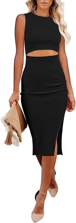 Pink Queen Women's Crew Neck Sleeveless Cutout Side Slit Knee Length Bodycon Midi Dress | Amazon (US)