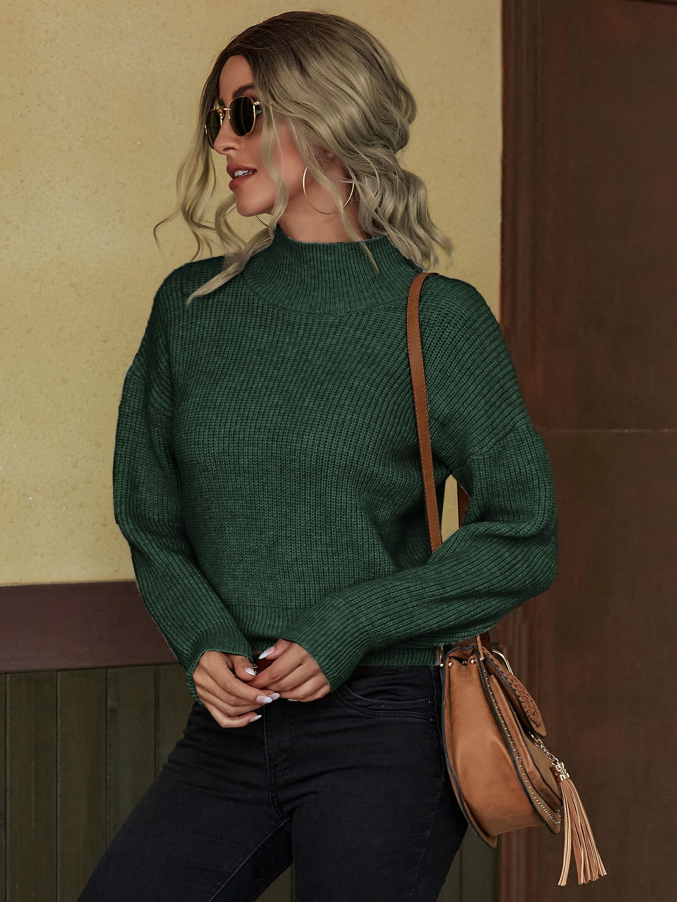 Stand Collar Ribbed Knit Sweater | SHEIN