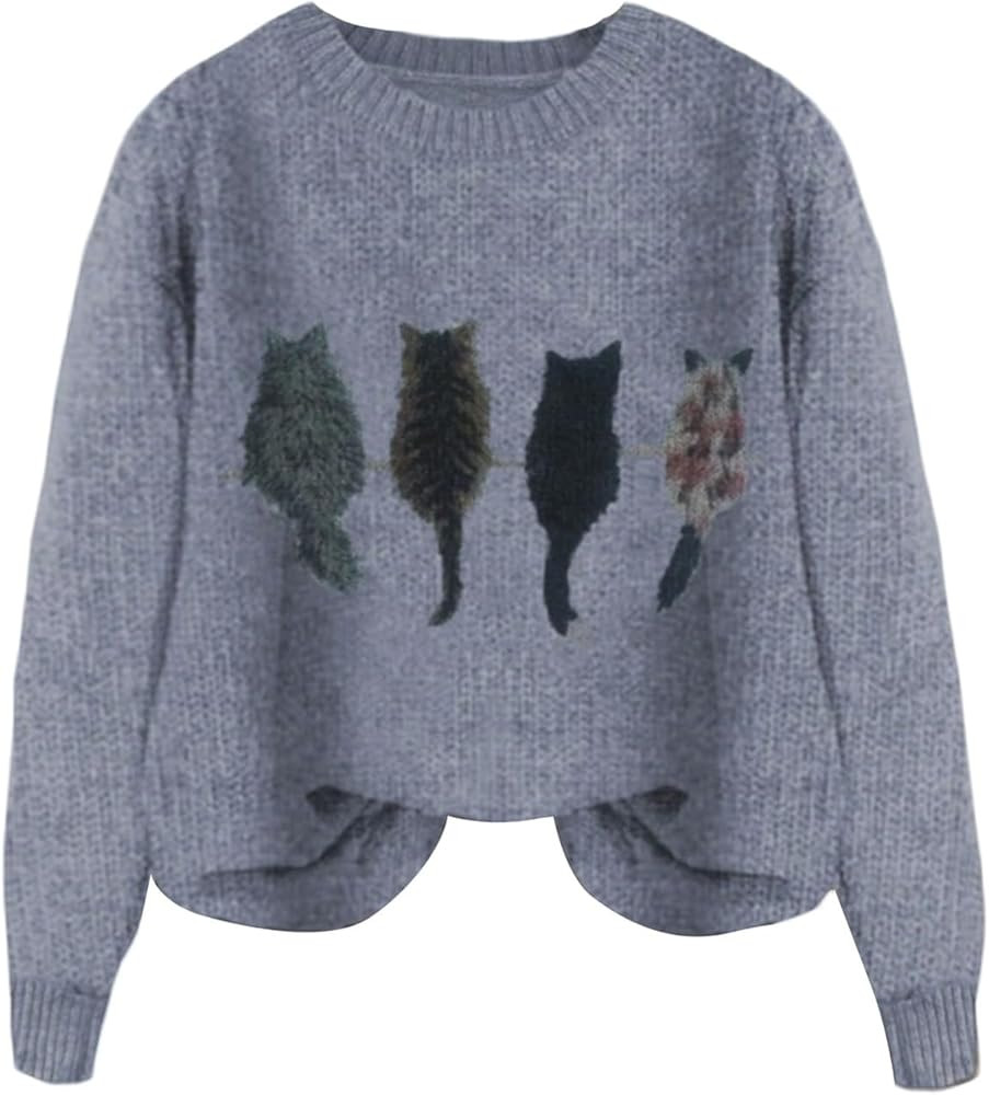 WDIRARA Women's Cat Graphic Sweater Long Sleeve Crew Neck Knit Tops Casual Knitwear | Amazon (US)