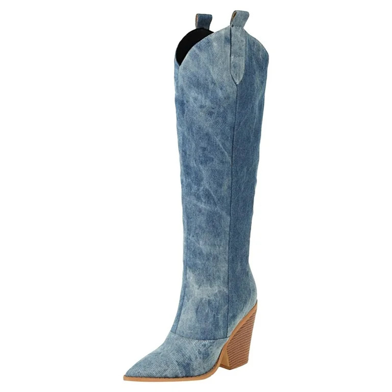 eileial Suede Cowboy Knee High Boots Women Pointed Toe Heel Embroidered Western Cowgirl Boots,Blu... | Walmart (US)