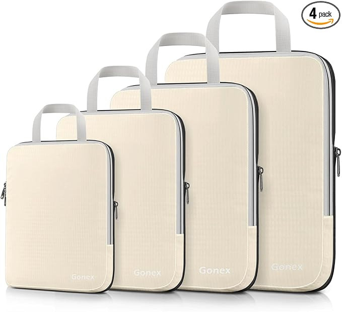 Gonex Compression Packing Cubes, 4pcs Expandable Storage Travel Luggage Bags Organizers (Cream) | Amazon (US)