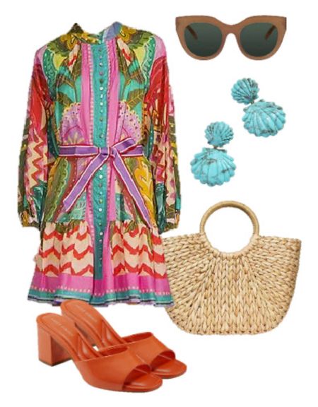 Colorful spring outfit!
. 
Vacation outfit orange sandals spring dress straw bag statement earrings amazon finds cat eye sunglasses 

#LTKfindsunder100 #LTKfindsunder50 #LTKstyletip