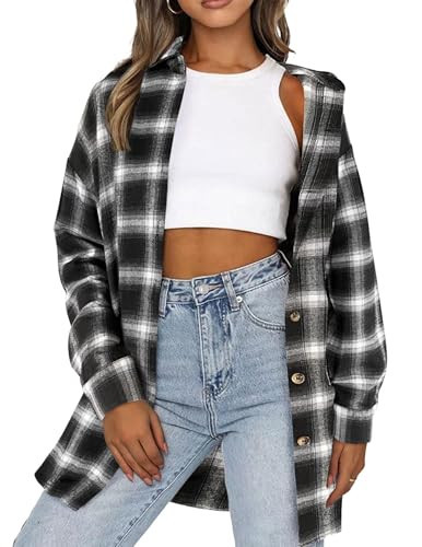 HOTOUCH Plaid Black Flannel Shirts for Women Oversized Long Sleeve Collar Button Up Shacket Buffalo Checkered Jacket Blouse Tops Black XXL | Amazon (US)
