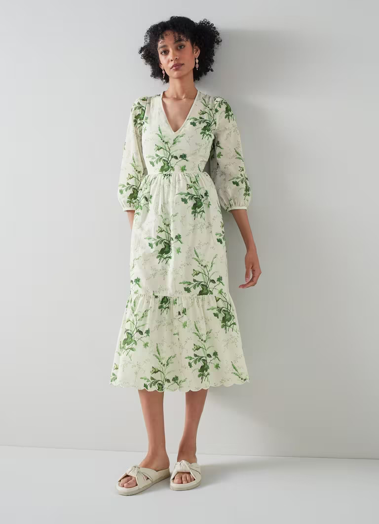 Bronte White and Green Meadow Scene Print Silk-Cotton Dress | L.K. Bennett (UK)