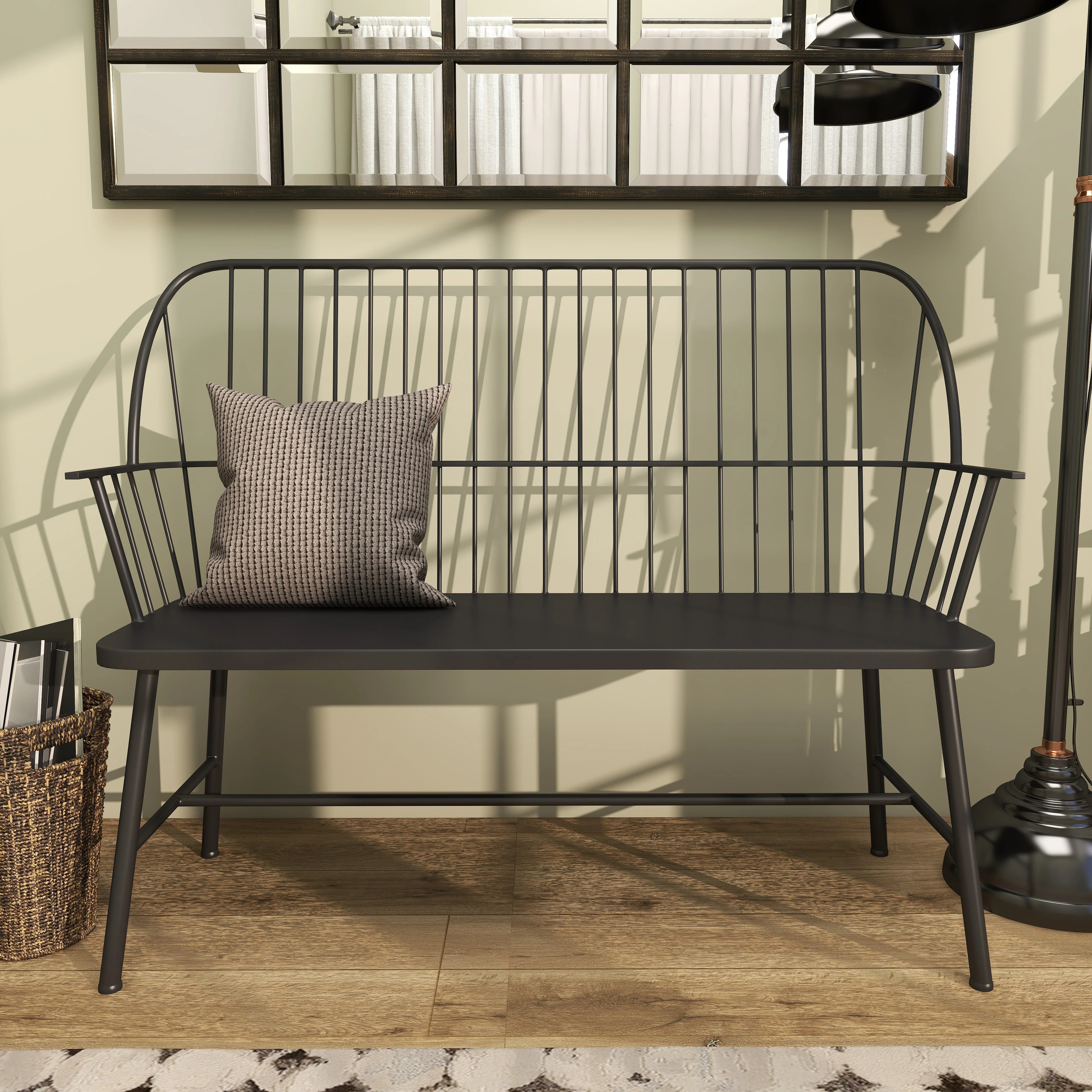 Gracie Oaks Metal Grill Style High Back Frame Patio Outdoor Bench with Trestle Legs and Armrests ... | Wayfair North America