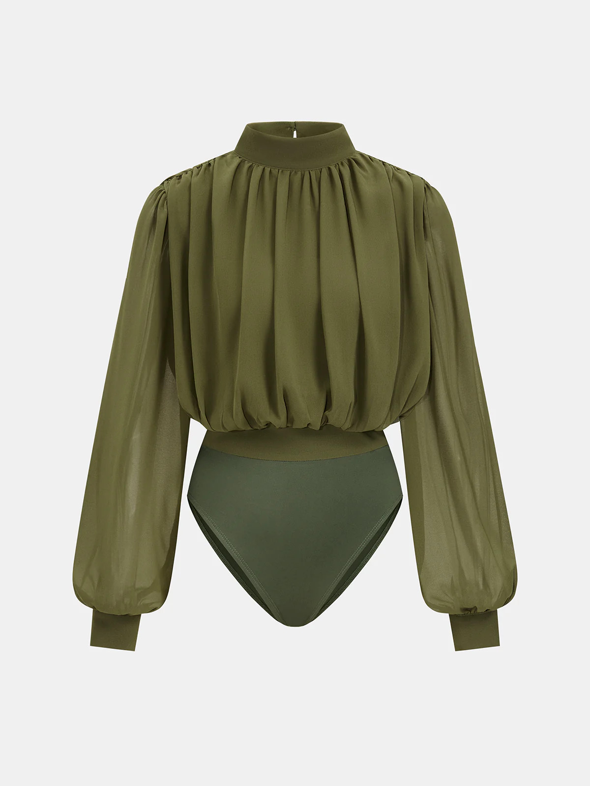 Semi-Sheer Puff-Sleeve Ruched Bodysuit | Commense
