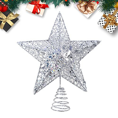 Silver Christmas Tree Topper Christmas Tree Star Small Star for Christmas Tree Metal Glitter Xmas Tree Topper for Pencil Christmas Trees Decorations 8 Inch | Amazon (US)