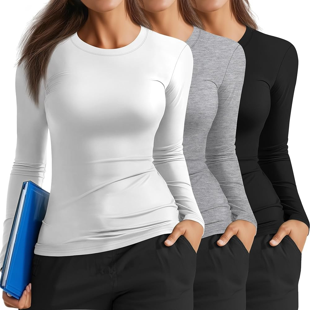 3 Pack Women's Plus Size Underscrub Shirts, Long Sleeve Crew Neck Tops Fitted Layering Basic Tee ... | Amazon (US)
