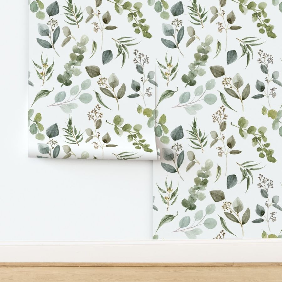Large // Earth Tone Eucalyptus // White Wallpaper byhipkiddesigns | Spoonflower