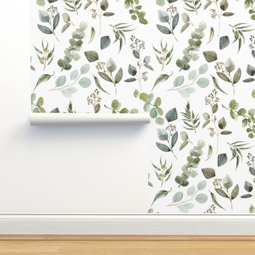Large // Earth Tone Eucalyptus // White Wallpaper byhipkiddesigns | Spoonflower