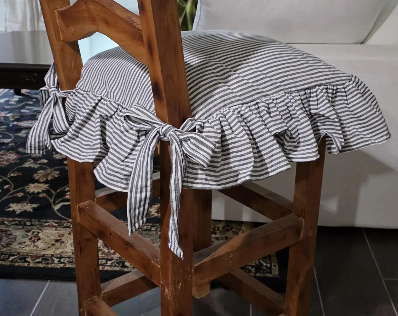 Striped Ticking Fabric Chair Cushion Cover with 4 sided Ruffle - Black, Beige, Blue Home Decor | Etsy (Global)