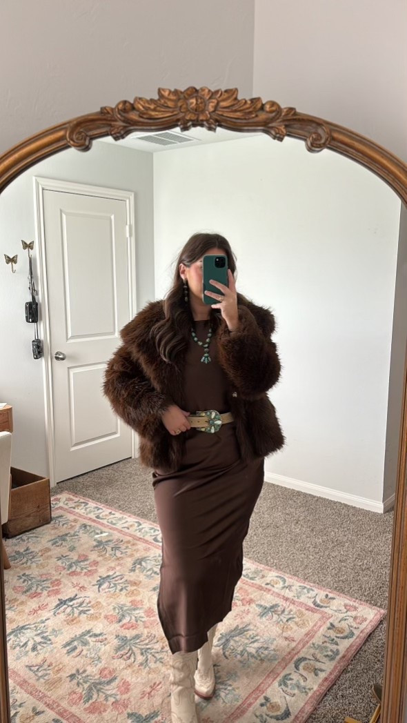 the perfect western chic wedding guest dress. size medium! all linked items are exact.

#LTKWedding #LTKootd #LTKMidsize

western style, western fashion, cowgirl chic, chocolate brown, fur jacket, maxi dress, cowgirl boots 