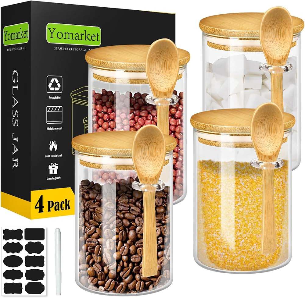 4 Pack Airtight Glass Jars with Bamboo Lid and Spoons 17 Oz Food Storage Container with Labels, O... | Amazon (US)