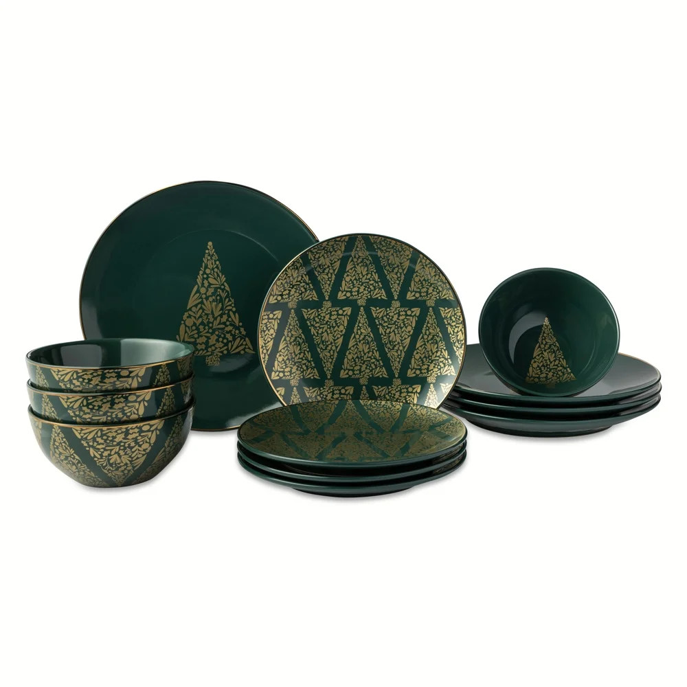 Thyme & Table Holiday Tree 12-Piece Ceramic Dinnerware Set - Green | Walmart (US)