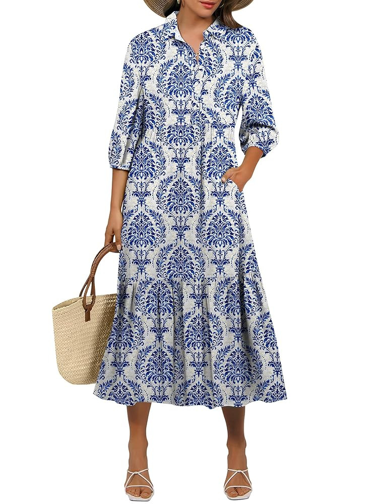 ANRABESS Women Casual 3/4 Puff Sleeve Polo V Neck Floral Printed Flowy Swing Loose Summer Boho Ma... | Amazon (US)