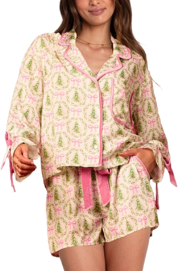 Muineobuka Women Christmas Pajamas 2 Piece Set Y2K Bow Tie Button Down Long Sleeve Shirts Wide Le... | Amazon (US)