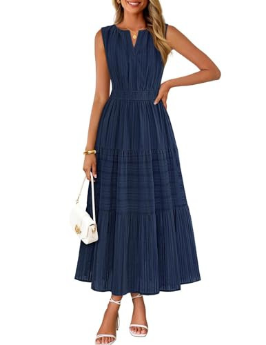 MEROKEETY Spring Summer Midi Dresses for Women 2026 Casual Beach Vacation Sleeveless Boho V Neck Cotton Maxi Dress Pockets, Navy, Large | Amazon (US)