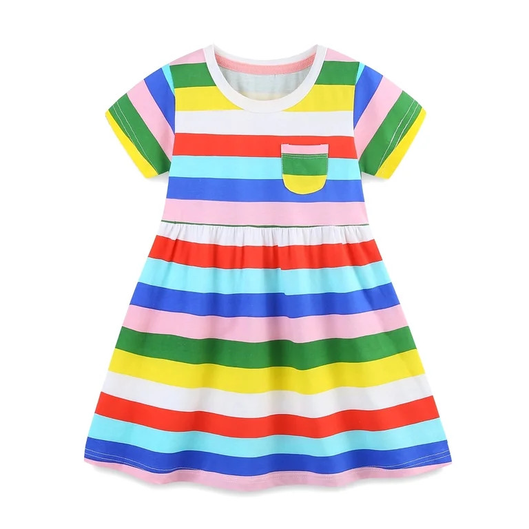 HILEELANG Toddler Girls Short Sleeve Dress Spring Summer Cotton Casual Rainbow Stripe Printed Jer... | Walmart (US)