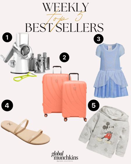 Last weeks top 5 best sellers! Our favorite cheese and veggie grater, our luggage, the perfect princess dress, my go to sandals and Jacks new Mickey sweater!

#LTKhome #LTKsalealert #LTKstyletip