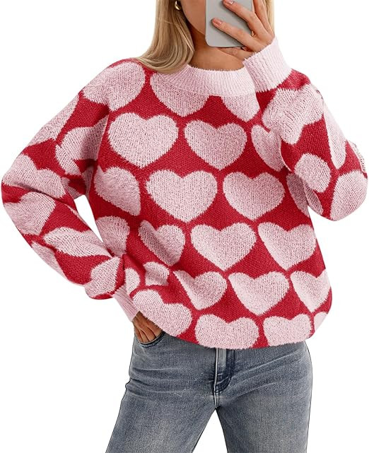 Saodimallsu Womens Heart Sweaters Valentines Fuzzy Knit Crewneck Cute Loose Sweaters | Amazon (US)
