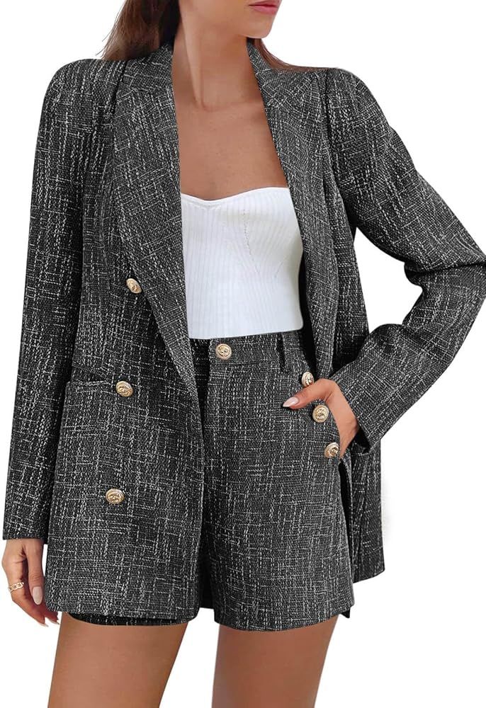 Cicy Bell Womens 2 Piece Tweed Blazer Shorts Sets Long Sleeve Double Breasted Suit Jackets Busine... | Amazon (US)