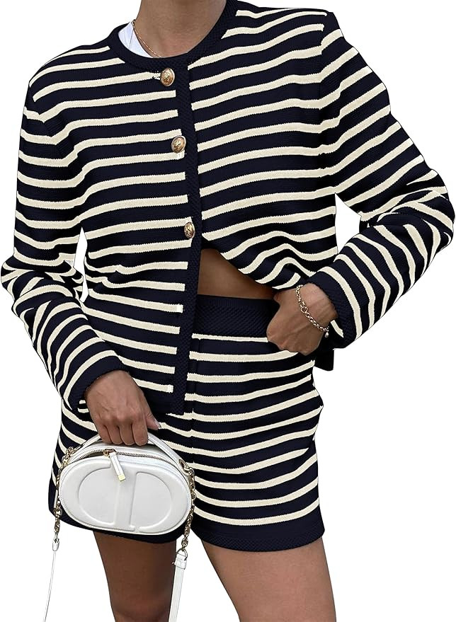 Womens Striped 2 Piece Set Sweater Outfits Long Sleeve Crew Neck Button Cardigan Casual Knit High... | Amazon (US)