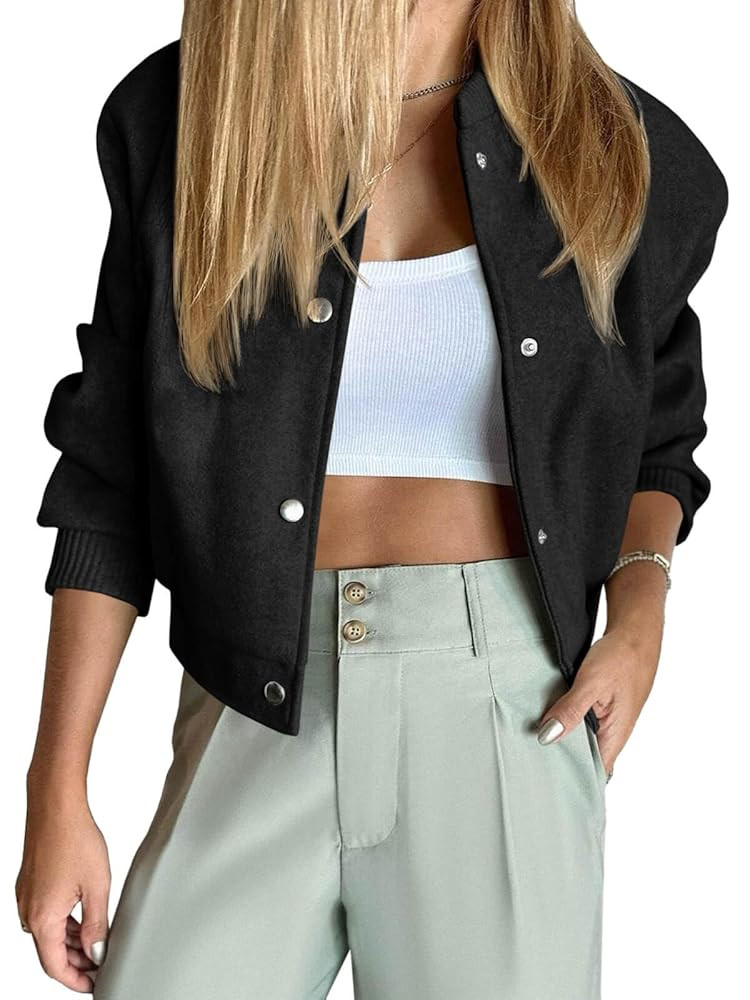 Tankaneo Womens Cropped Bomber Jacket Wool Blend Varsity Short Pea Coats Long Sleeve Button Down ... | Amazon (US)