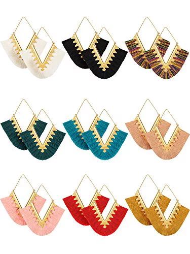 9 Pairs Tassel Statement Earrings Bohemian Fringe Silky Dangle Earrings V Shaped Handmade Geometr... | Walmart (US)