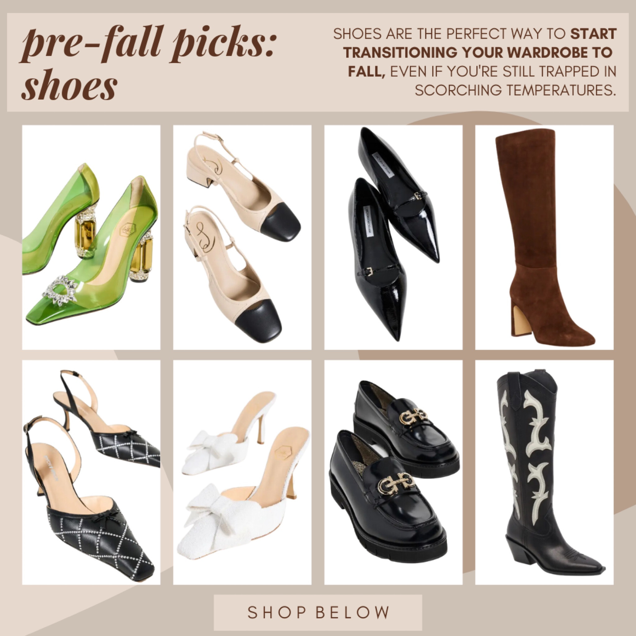 Fall shoes from
Nordstrom and shopbop! Fall fashion picks to shop now even if you feel stuck in the middle of summer. always loving blacks and browns for the fall. If you’re afraid of adding some color in the cooler months, look for shoes with texture. It goes a long way! 

#LTKshoecrush #LTKworkwear #LTKSeasonal