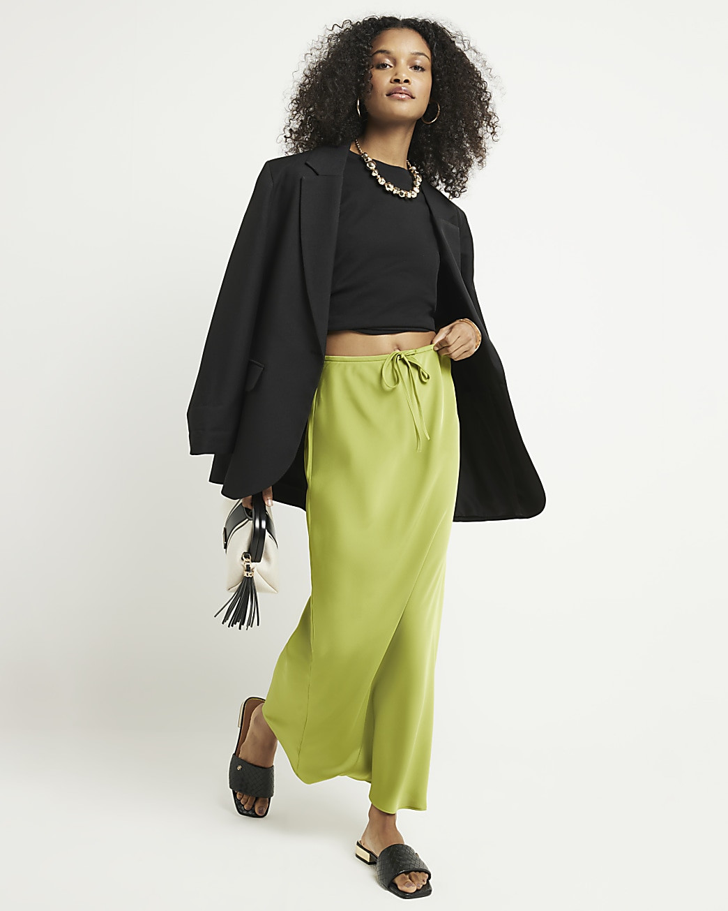 Green tie waist satin maxi skirt | River Island (UK & IE)