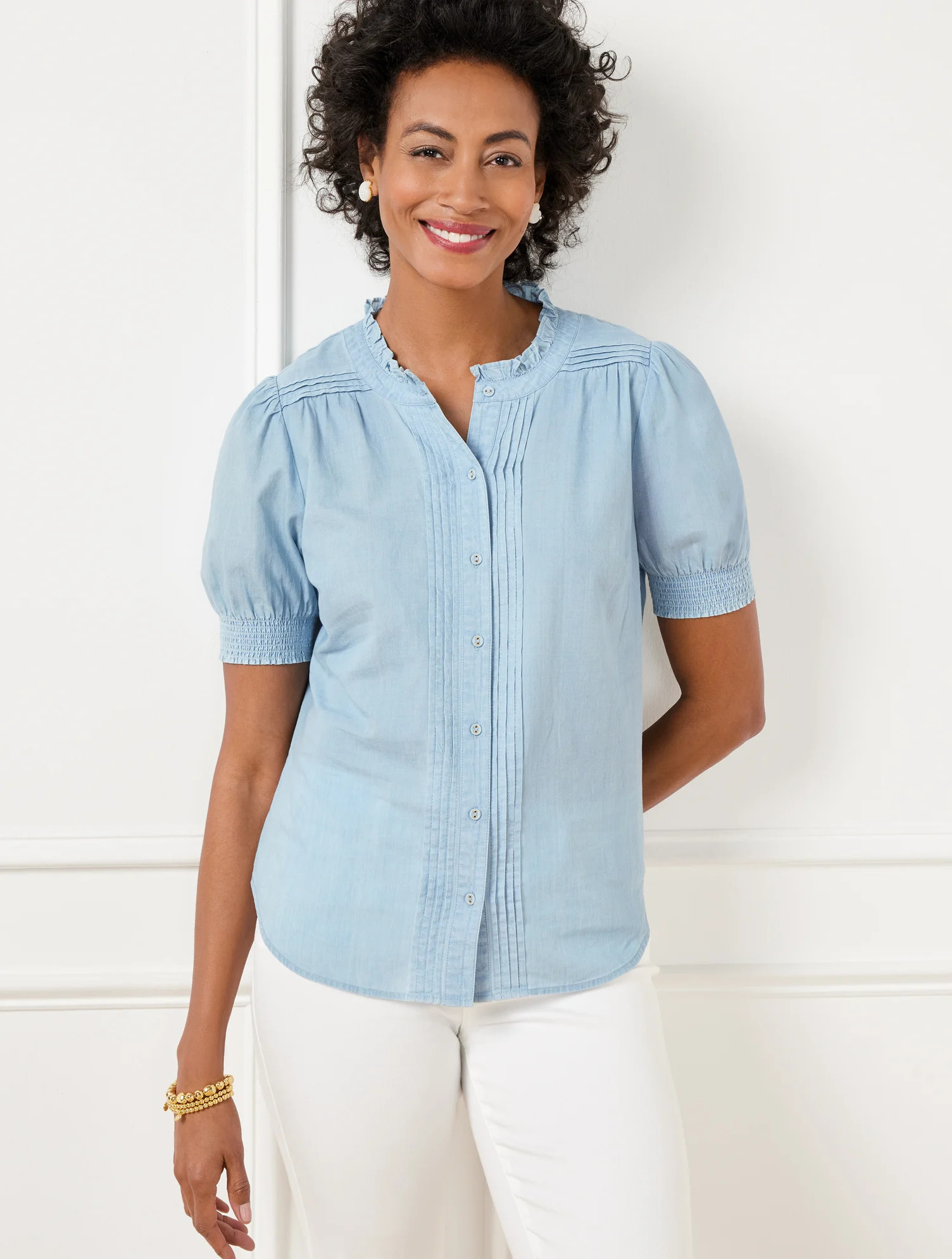 Stitch Pleat Chambray Top - Light Surf Wash - Medium - 100% Cotton Talbots | Talbots