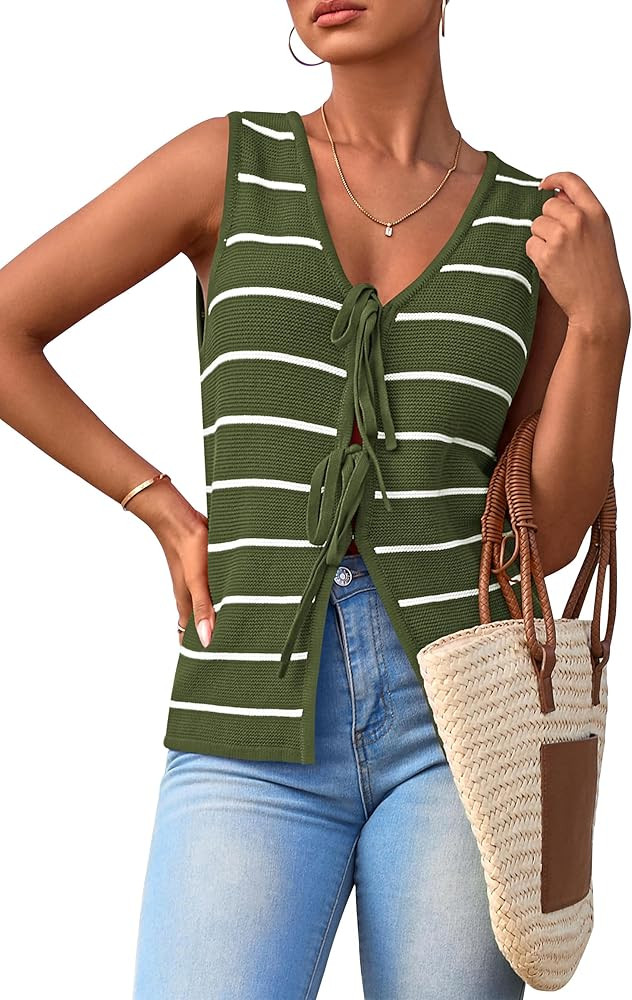 NALANISA Vest for Women 2025 Summer Trendy Tank Top Knit V Neck Sleeveless Bow Tie Front Striped ... | Amazon (US)