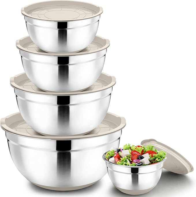 P&P CHEF Mixing Bowls with Lids Set of 5, Stainless Steel Nesting Bowl with Khaki Lid & Base for ... | Amazon (US)