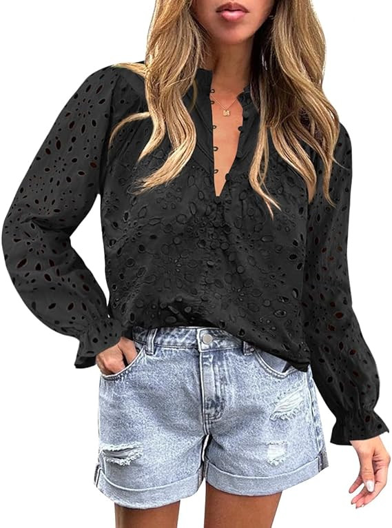 ZESICA Women's Casual Blouse Tops Puff Long Sleeve Button V Neck Hollow Out Eyelet Lace Embroider... | Amazon (US)