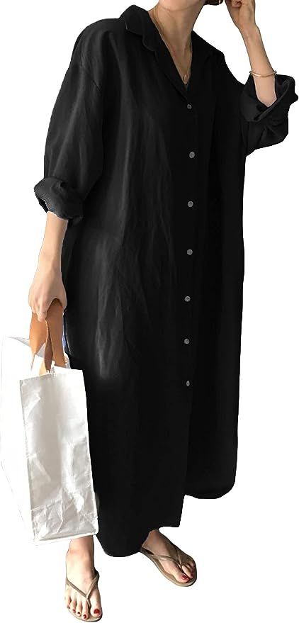 GGUHHU Womens Chic Button Down Rolled-Up Sleeve Long Cotton Blouse Maxi Dress | Amazon (US)