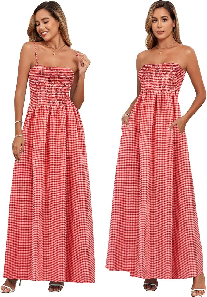 Aigeman Women Detachable Strap Dress Strapless Smocked Bodice Maxi Dress Pockets Long Swing Flowy... | Amazon (US)