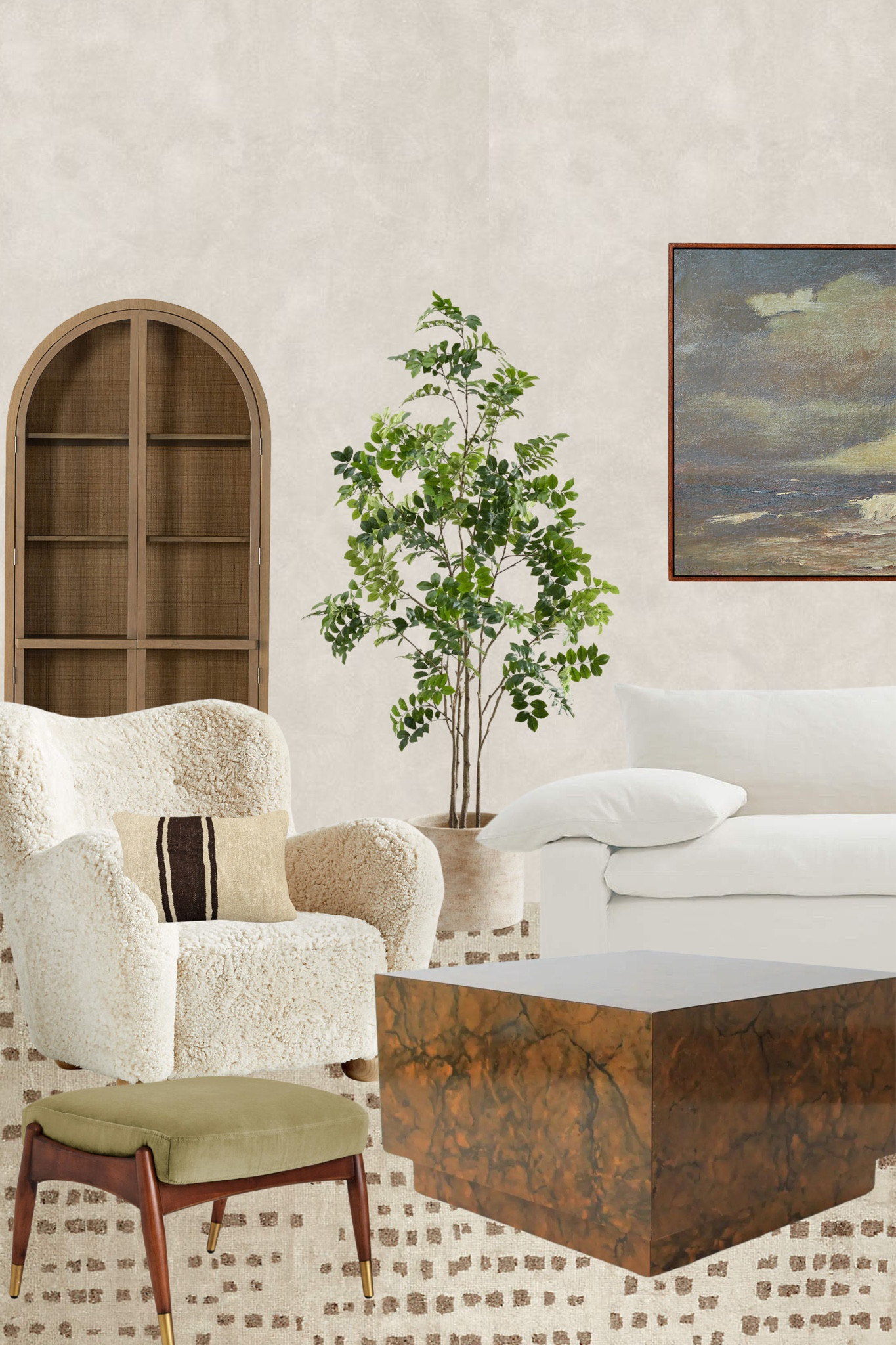 Embrace the cozy charm of neutral tones and natural textures in this inviting living room. Sink into a plush sherpa chair or lounge on a soft linen sofa surrounded by tranquil lime-wash walls.

#LTKhome #LTKstyletip #LTKsalealert