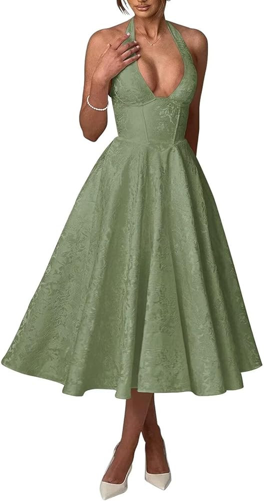 Bow Tea Length Prom Dress for Women Embroidery Satin Evening Party Gown A Line Corset Cocktail Dr... | Amazon (US)