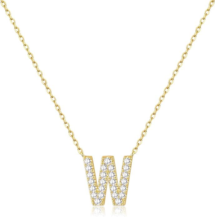 Jewlpire 14K Gold Plated 925 Sterling Silver Initial Necklace for Women Girls, Cubic Zirconia A-Z... | Amazon (US)