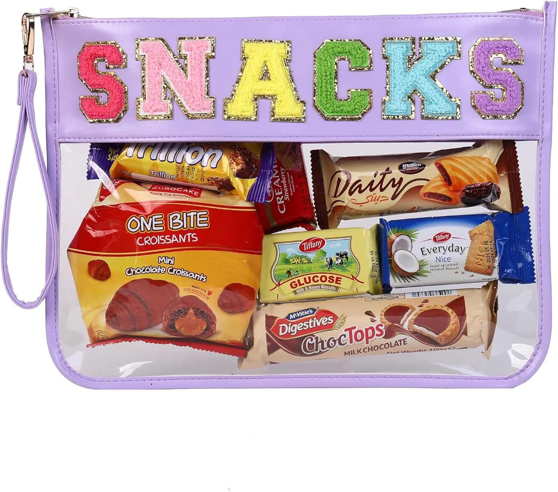 HASIOY Clear Pouch With Patches Snacks Bag Chenille Letter Bag Cosmetic Tote Bag With Gold Should... | Amazon (US)