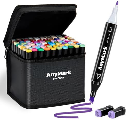 AnyMark Alcohol Markers, 80 Colors Dual Tip Art Coloring Markers Set for Adult Book Drawing Sketching Painting, Chisel & Fine, Black Penholder | Amazon (US)