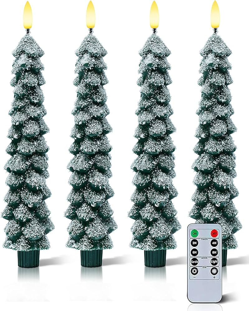 4 Pack Christmas Tree Candles Covered in Snow with Remote, 9.65 Inch Real Wax flameless taper can... | Amazon (US)