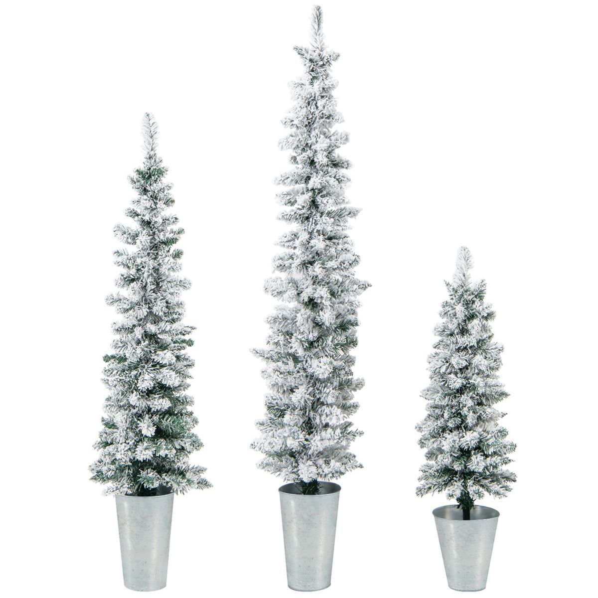 Costway Potted Artificial Christmas Tree Set of 3 3/4/5 FT Snow-Flocked Slim Faux Trees | Target
